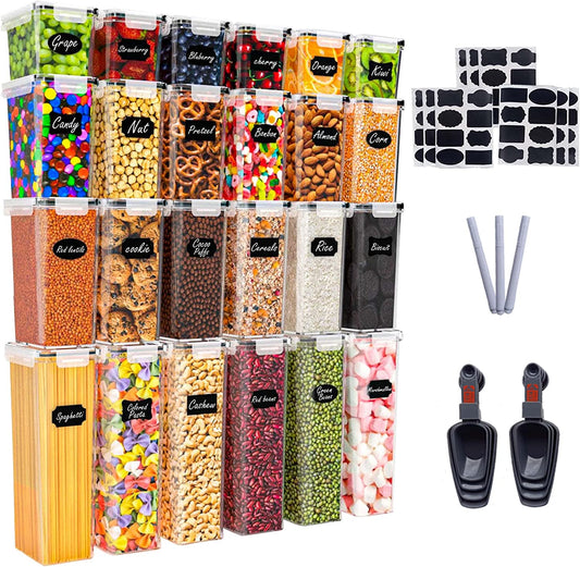 Caramont Set mit 24 luftdichten Vorratsbehältern für Lebensmittel, Aufbewahrung und Organisation in Küche und Speisekammer, BPA-freier Lebensmittelbehälter aus Kunststoff – 72 Etiketten, 3 Marker und 8 Löffel im Lieferumfang enthalten 
