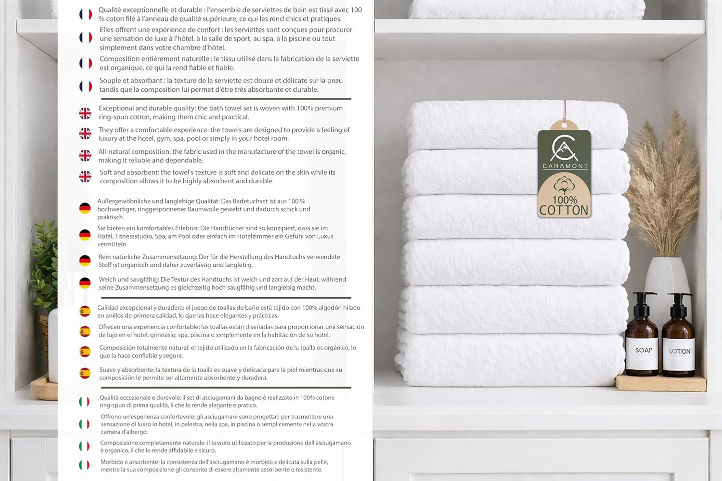 Caramont Lot de 6 Serviettes de Bain 90x150 cm – 100% Coton, Ultra Douces, Très Absorbantes, Séchage Rapide, Qualité Hôtelière – Blanc – pour Salle de Bain, Douche, Gym, Hôtel et Spa