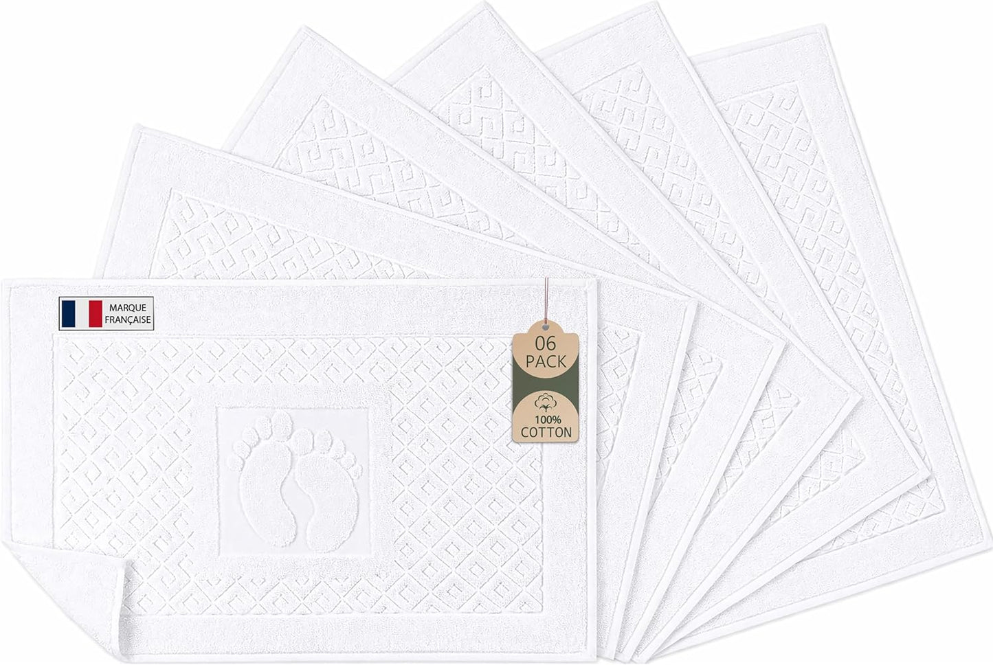 Caramont Lot de 6 Tapis de Bain 50x70 cm – 100% Coton, Doux et Absorbants, Séchage Rapide, Qualité Hôtelière – Blanc – pour Salle de Bain, Maison, Hôtel et Spa