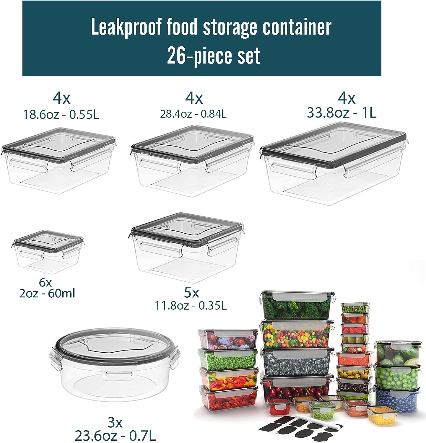 Caramont - Juego de recipientes para alimentos frescos - 100 % herméticos, aptos para microondas, congelador y lavavajillas - Sin BPA, etiquetas, marcador, incluye 6 recipientes para salsas - Paquete de 40