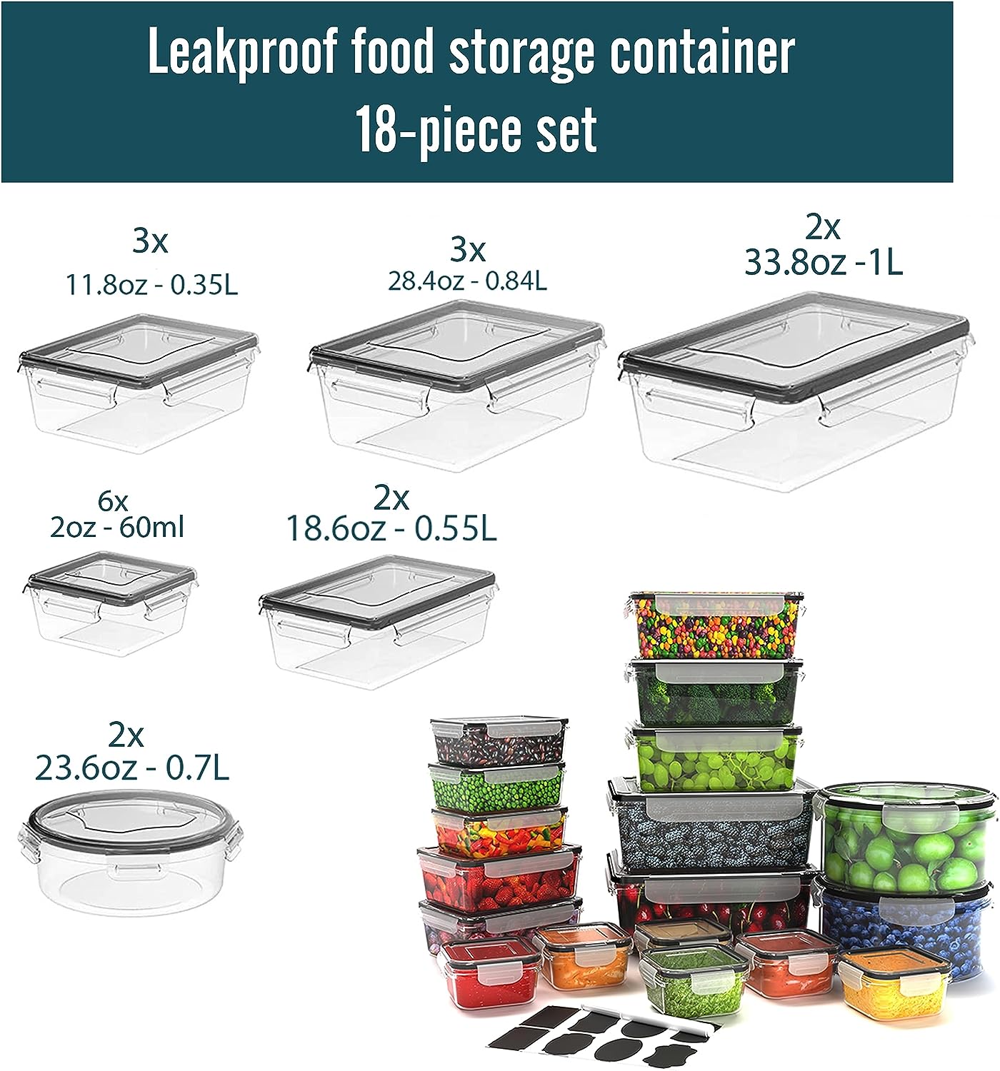 Caramont - Juego de recipientes para alimentos frescos - 100 % herméticos, aptos para microondas, congelador y lavavajillas - Sin BPA, etiquetas, marcador, incluye 6 recipientes para salsas - Paquete de 36