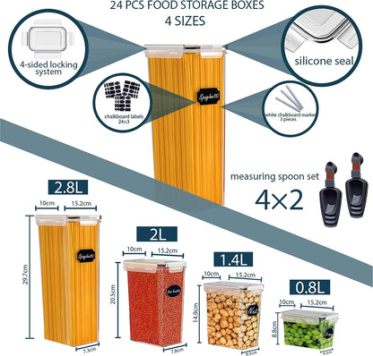 Caramont Set mit 24 luftdichten Vorratsbehältern für Lebensmittel, Aufbewahrung und Organisation in Küche und Speisekammer, BPA-freier Lebensmittelbehälter aus Kunststoff – 72 Etiketten, 3 Marker und 8 Löffel im Lieferumfang enthalten 