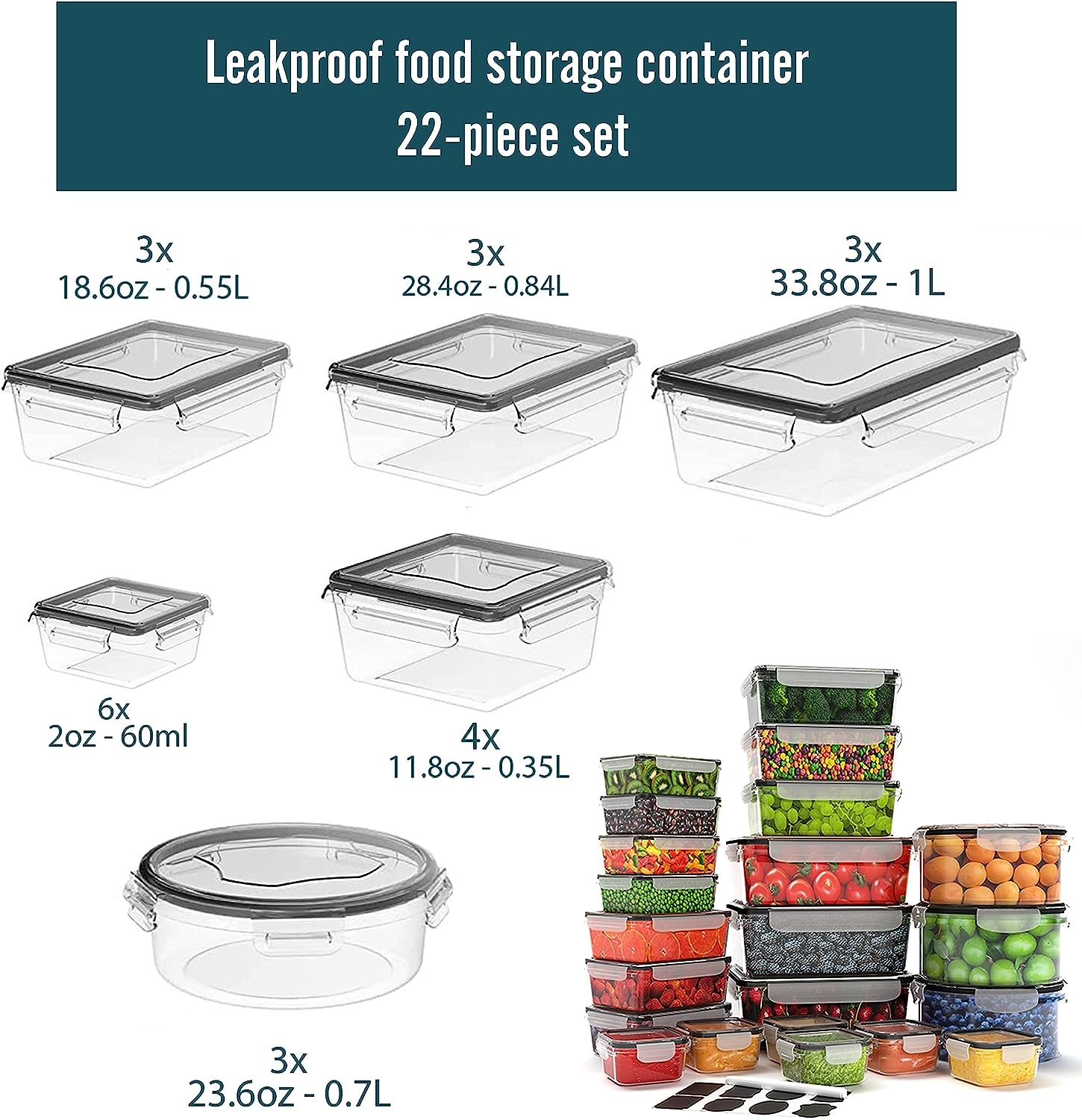 Caramont - Juego de recipientes para alimentos frescos - 100 % herméticos, aptos para microondas, congelador y lavavajillas - Sin BPA, etiquetas, marcador, incluye 6 recipientes para salsas - Paquete de 32