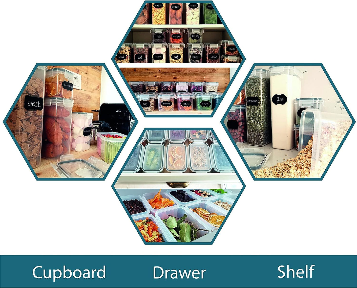 Caramont Set mit 24 luftdichten Vorratsbehältern für Lebensmittel, Aufbewahrung und Organisation in Küche und Speisekammer, BPA-freier Lebensmittelbehälter aus Kunststoff – 72 Etiketten, 3 Marker und 8 Löffel im Lieferumfang enthalten 