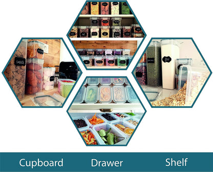 Caramont Set mit 24 luftdichten Vorratsbehältern für Lebensmittel, Aufbewahrung und Organisation in Küche und Speisekammer, BPA-freier Lebensmittelbehälter aus Kunststoff – 72 Etiketten, 3 Marker und 8 Löffel im Lieferumfang enthalten 