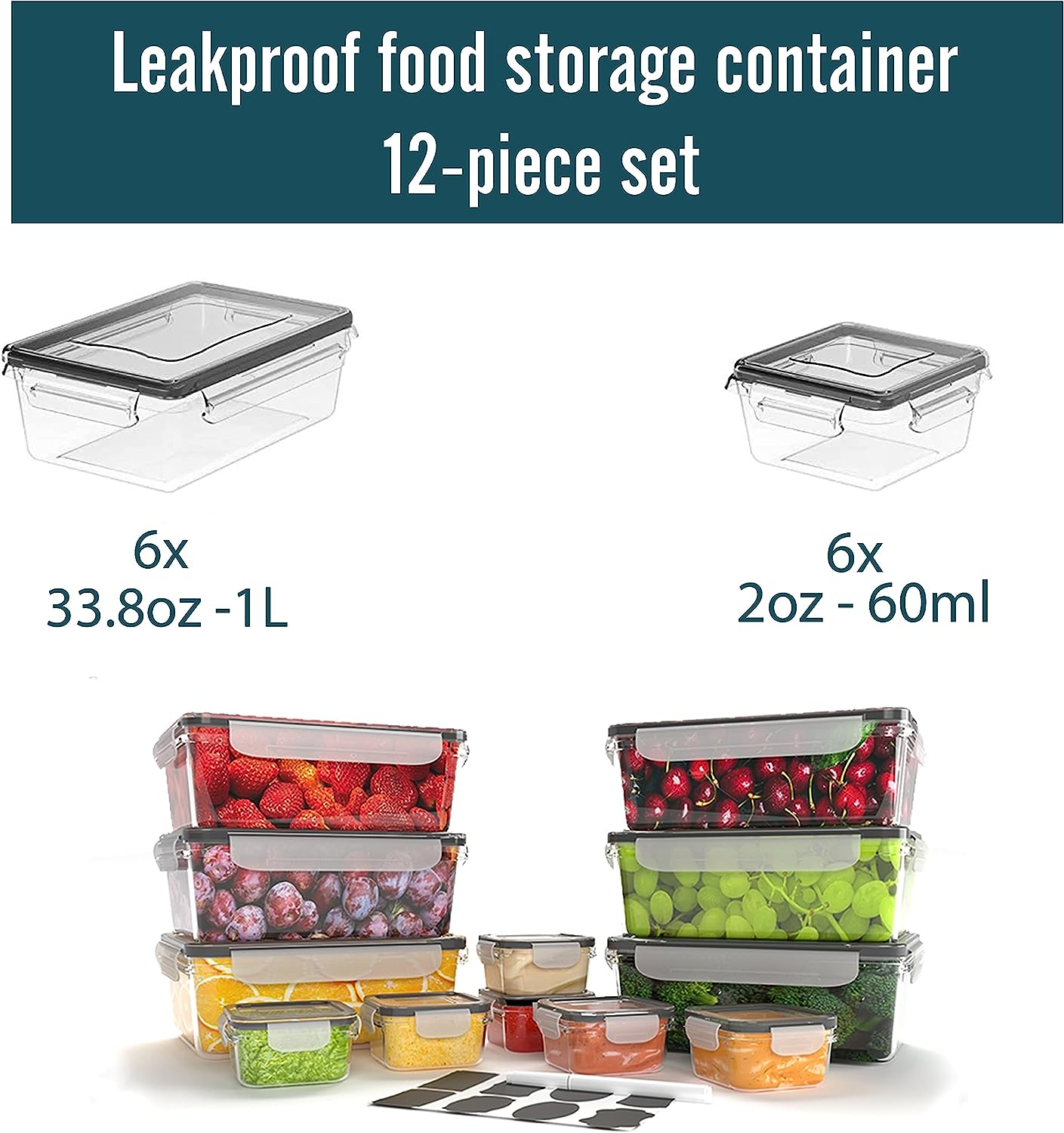 Caramont - Juego de recipientes para alimentos frescos - 100 % herméticos, aptos para microondas, congelador y lavavajillas - Sin BPA, etiquetas, marcador, incluye 6 recipientes para salsas - 24