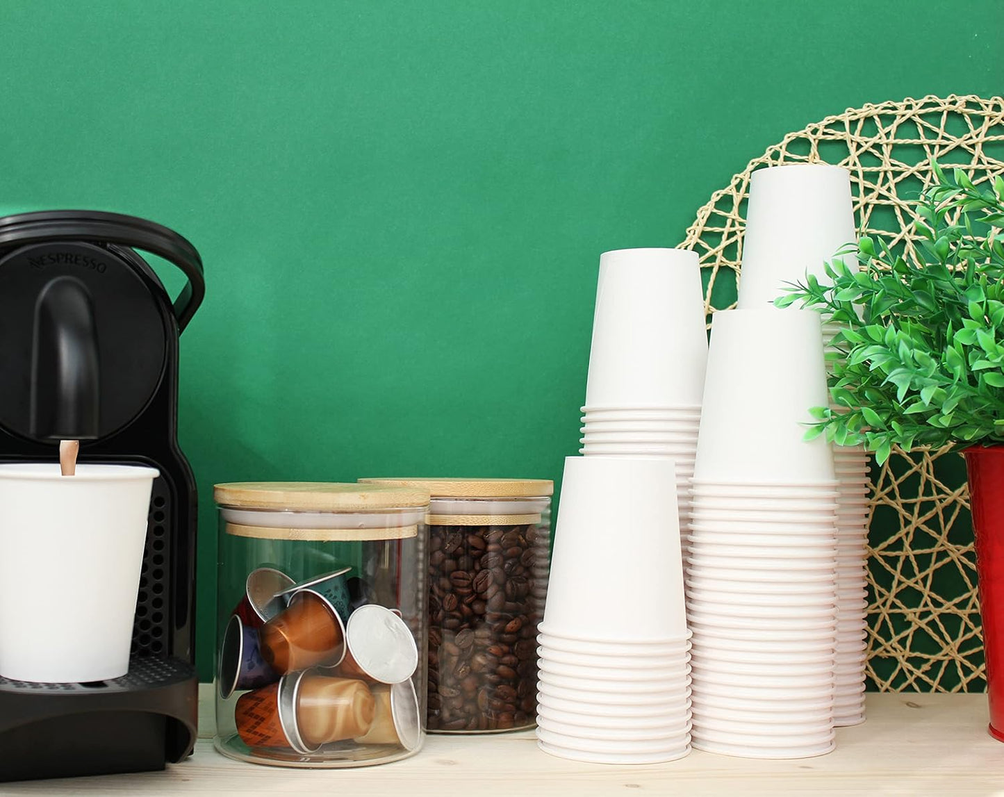 Vasos de papel Caramont de 7 oz con agitadores de madera, ecológicos y desechables, resistentes al calor, para bebidas frías y calientes en cartón de calidad, ideales para café, té, cumpleaños, etc. -400 