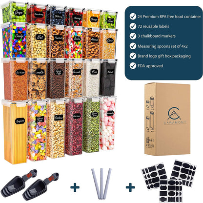 Caramont Set mit 24 luftdichten Vorratsbehältern für Lebensmittel, Aufbewahrung und Organisation in Küche und Speisekammer, BPA-freier Lebensmittelbehälter aus Kunststoff – 72 Etiketten, 3 Marker und 8 Löffel im Lieferumfang enthalten 