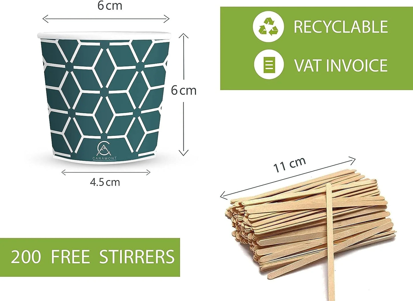 Vasos de papel Caramont de 7 oz con agitadores de madera, ecológicos y desechables, resistentes al calor, para bebidas frías y calientes en cartón de calidad, ideales para café, té, cumpleaños, etc. - 200 