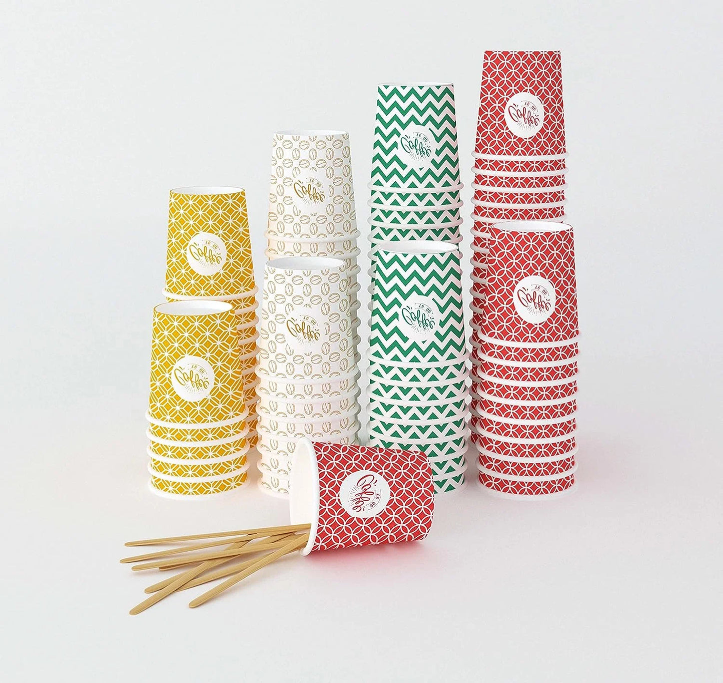 7 oz, mehrfarbige Espresso-Pappbecher mit Holzrührstäbchen, umweltfreundlich, Einweg, hitzebeständig, hochwertiger Karton, ideal für alle Heißgetränke; Kaffee, Tee, Schokolade usw. -200