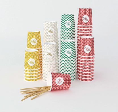 7 oz, mehrfarbige Espresso-Pappbecher mit Holzrührstäbchen, umweltfreundlich, Einweg, hitzebeständig, hochwertiger Karton, ideal für alle Heißgetränke; Kaffee, Tee, Schokolade usw. -200