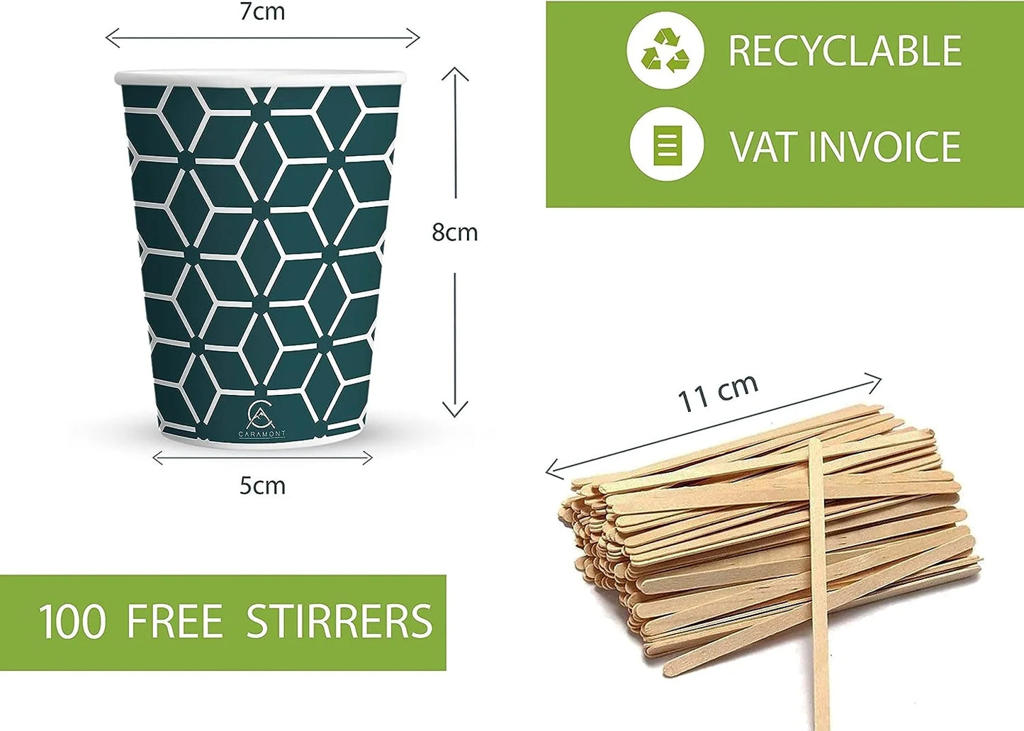 Vasos de papel Caramont de 7 oz con agitadores de madera, ecológicos y desechables, resistentes al calor, para bebidas frías y calientes en cartón de calidad, ideales para café, té, cumpleaños, etc. - 1000 