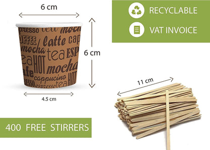Caramont,4 Oz Espresso Gobelets en Carton avec Agitateurs en Bois,Écologique et Jetables,Résistant à la Chaleur,Carton de Qualité,Idéal pour Toutes Les Boissons Chaudes ; Café,Thé,Chocolat etc. -200