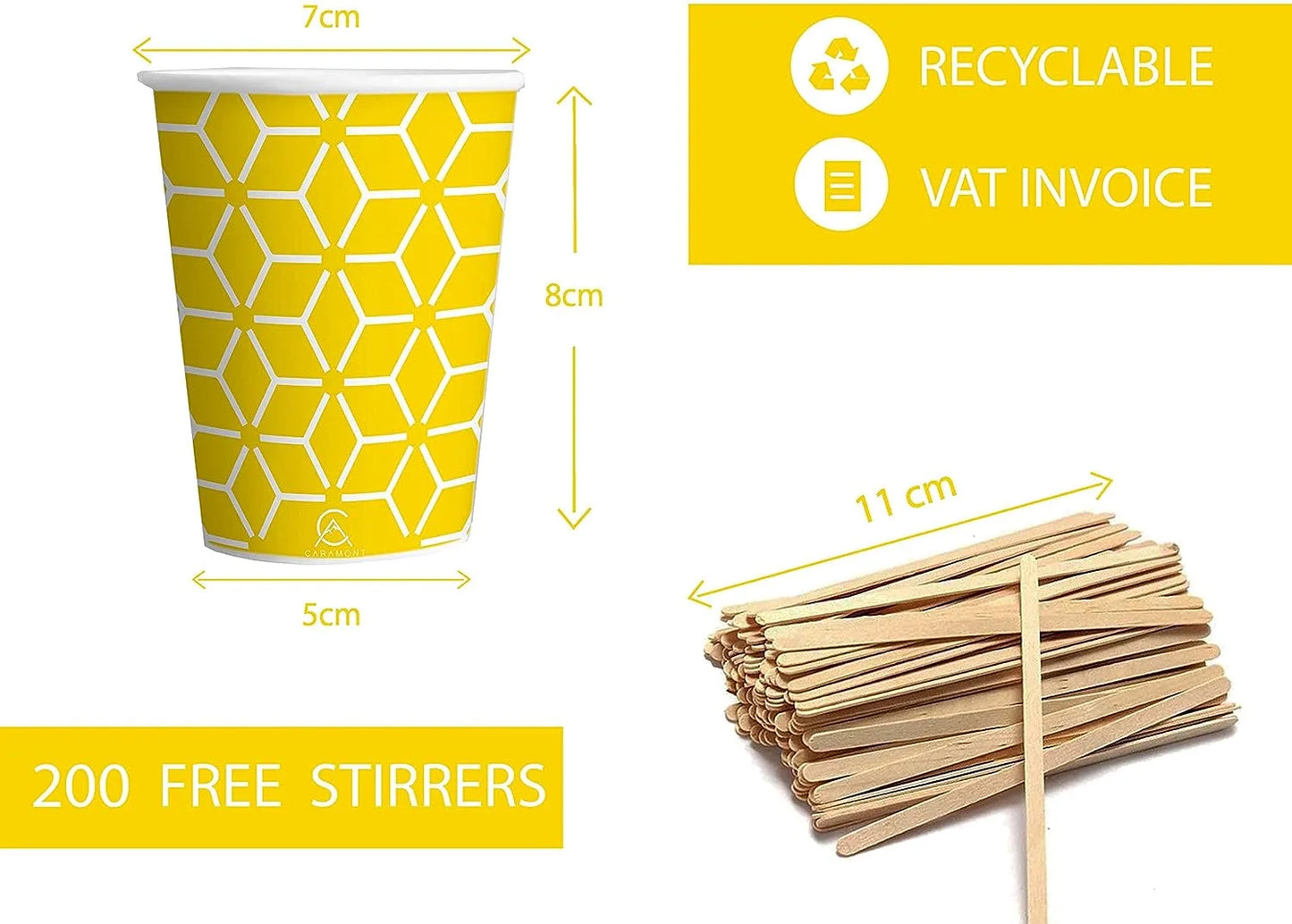 Vasos de papel Caramont de 7 oz con agitadores de madera, ecológicos y desechables, resistentes al calor, para bebidas frías y calientes en cartón de calidad, ideales para café, té, cumpleaños, etc. -400 