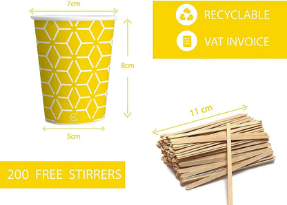 Vasos de papel Caramont de 7 oz con agitadores de madera, ecológicos y desechables, resistentes al calor, para bebidas frías y calientes en cartón de calidad, ideales para café, té, cumpleaños, etc. -400 