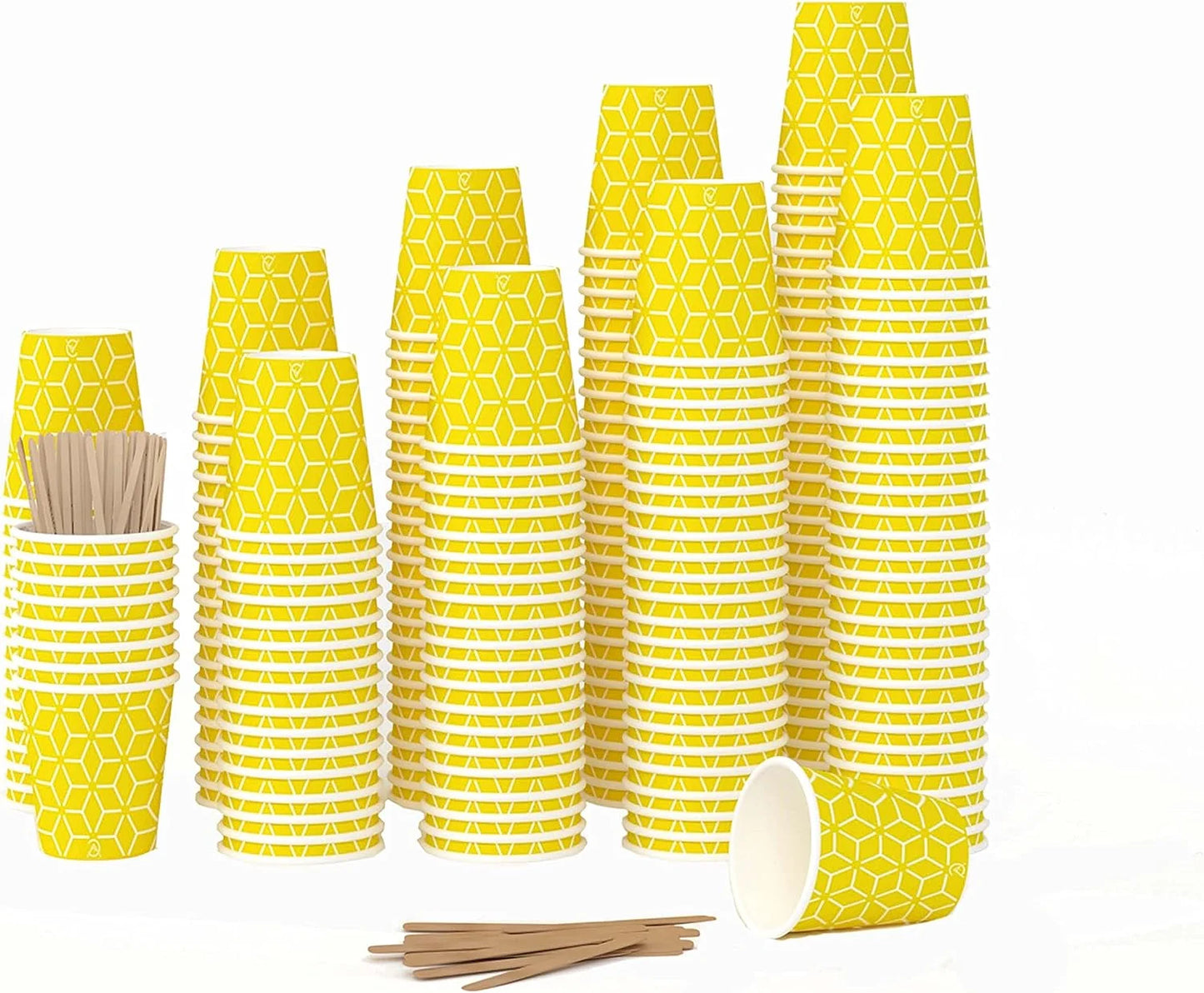 Vasos de papel Caramont de 7 oz con agitadores de madera, ecológicos y desechables, resistentes al calor, para bebidas frías y calientes en cartón de calidad, ideales para café, té, cumpleaños, etc. -400 