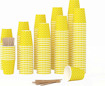 Vasos de papel Caramont de 7 oz con agitadores de madera, ecológicos y desechables, resistentes al calor, para bebidas frías y calientes en cartón de calidad, ideales para café, té, cumpleaños, etc. -400 