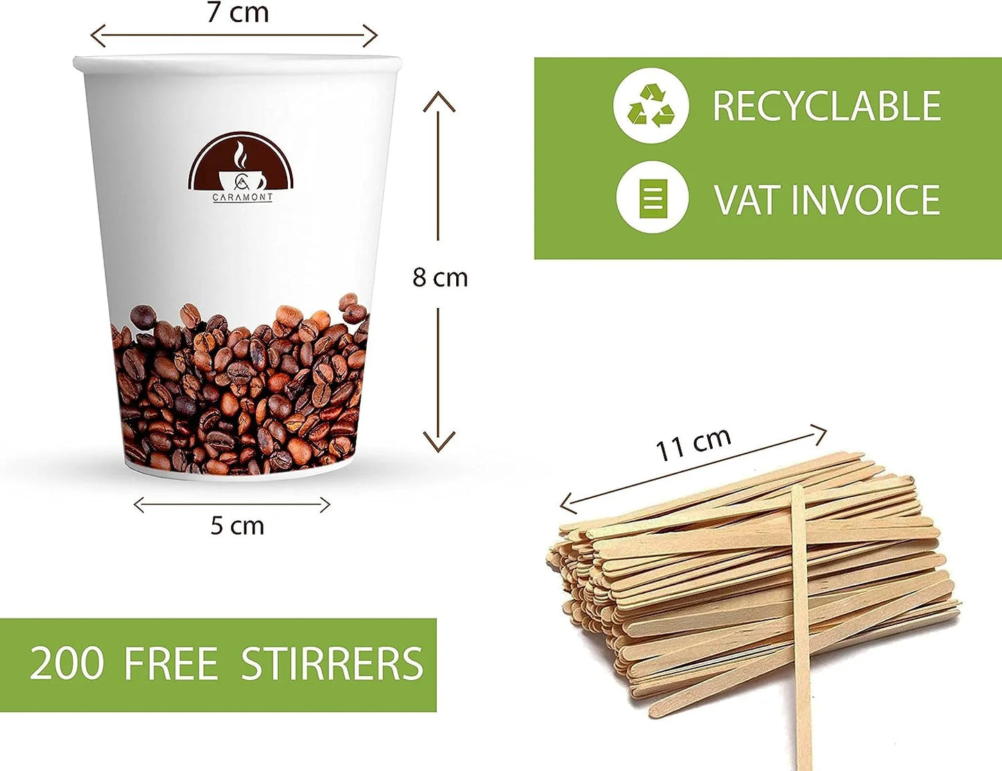 Vasos de papel Caramont de 7 oz con agitadores de madera, ecológicos y desechables, resistentes al calor, para bebidas frías y calientes en cartón de calidad, ideales para café, té, cumpleaños, etc. - 400 