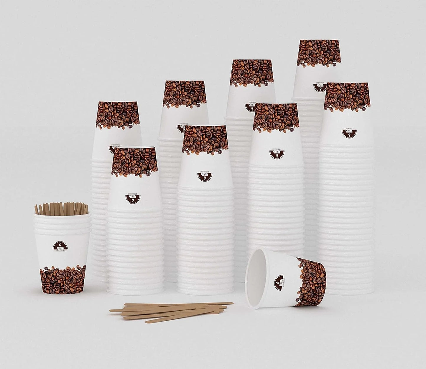 Vasos de papel Caramont de 7 oz con agitadores de madera, ecológicos y desechables, resistentes al calor, para bebidas frías y calientes en cartón de calidad, ideales para café, té, cumpleaños, etc. - 400 