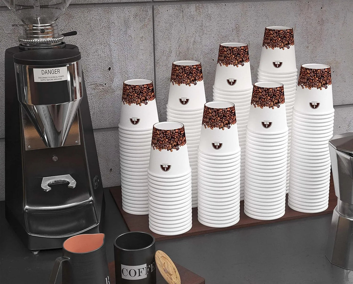 Vasos de papel Caramont de 7 oz con agitadores de madera, ecológicos y desechables, resistentes al calor, para bebidas frías y calientes en cartón de calidad, ideales para café, té, cumpleaños, etc. - 400 